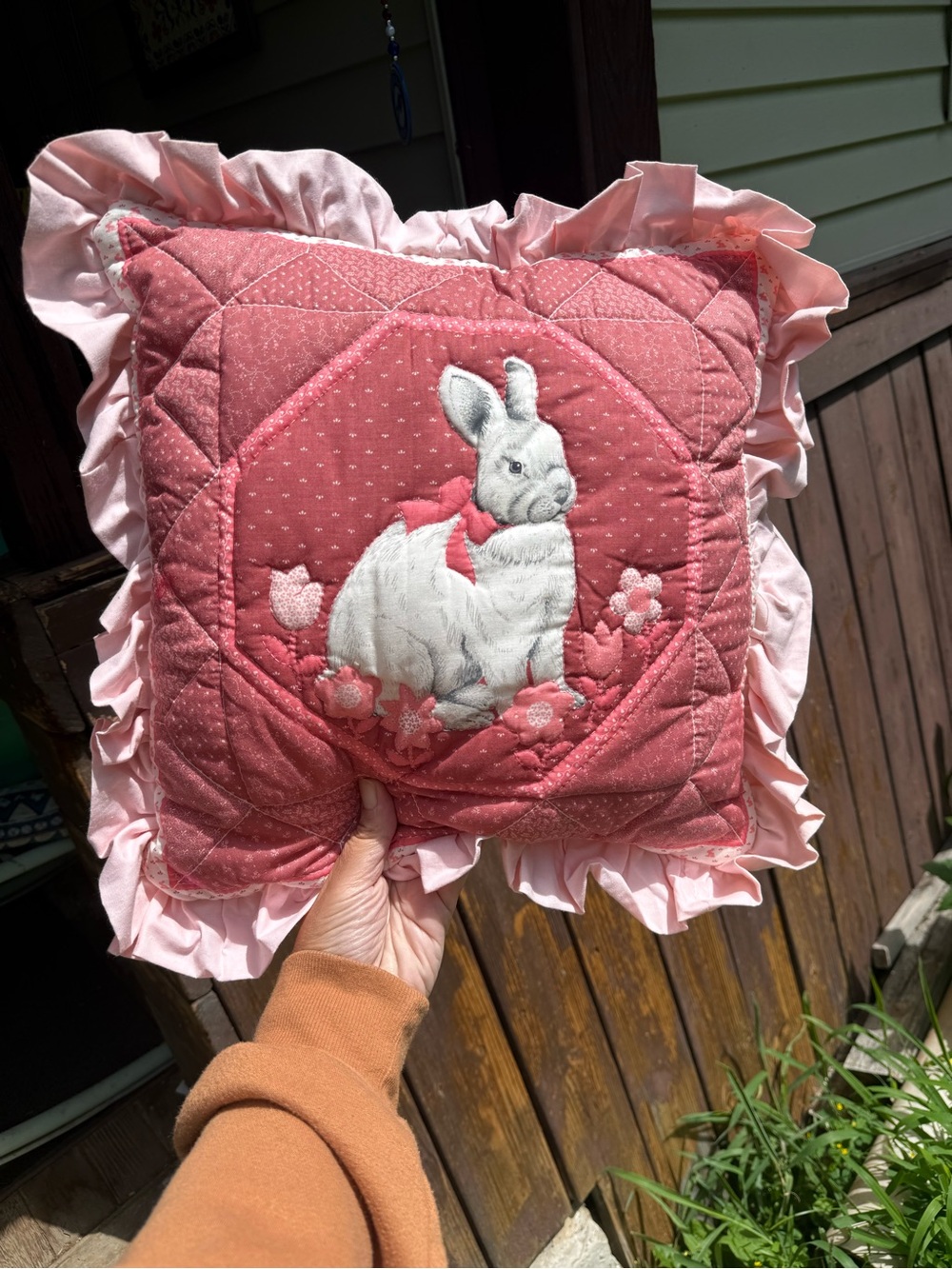 Handcrafted Pink Bunny Quilted Decorative Pillow